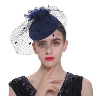 1件套花边羽毛头饰礼帽发夹鸡尾酒会茶会药盒帽新娘婚礼时尚头饰