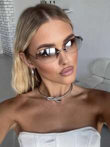 1pc Unisex Y2K Vintage Silver Fashion Frameless Oval Glasses With Metal Hinges, Comfortable & Ultra-Light Large Size Metal Glasses Accessories Women - 銀框漸層灰片 - 查看 5
