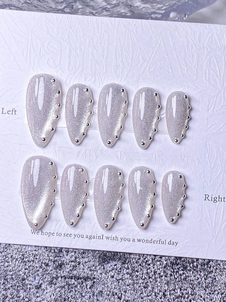 10 Pieces Of Handcrafted Press-On Short Nails, French Tip Nails, False Nails, Pink Nails, Red Nails, White Nails, Gold Nails, Black Nails, Brown Nails, Cat's Eye Nails, Cute Nails, Hand-Painted Gold-Edged Heart-Shaped Reflective Cat's Eye, Sea Star Decoration, Cute And Luxurious Style, Comes With Nail Art Tools, Quick And Easy Wear And Removal, Reusable Almond-Shaped Press-On Nails. - White - View 1