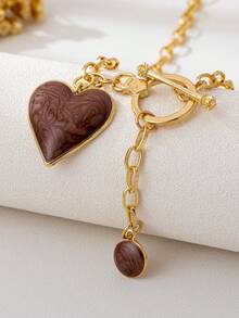 1 pieza Collar con colgante de corazón rojo en forma de tambor recubierto de aleación 3D y gota de agua dorada de moda - Café integral - Ver 3