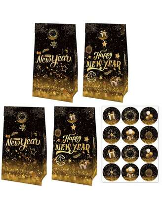 12pcs Happy New Year Party Bags With Gold Stars, Fireworks And Snowflakes - Elegant Black And Gold New Year Decorations, Double-Sided Gift Bags, Sturdy Paper Party Favor Bags, Includes 6 Stickers, Suitable For New Year, Birthday, Wedding, Party Favors, Decorations, Gifts, Holiday Celebrations, Celebration Themes, Durable Material, Celebration Supplies, Holiday Packaging, Holiday Celebrations, Vintage Style