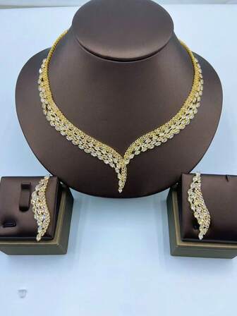 3pcs Women's Luxury Fashion Jewelry Set: Zirconia Necklace + Earrings, Exquisite, Shiny, Elegant, Personalized, Best Accessory For Weddings, Parties, Holidays