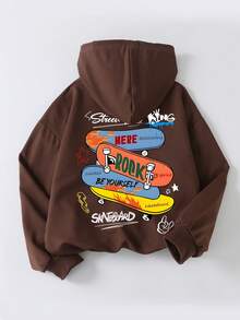 青少年男童休闲简约滑板图案运动风卫衣，长袖连帽卫衣，秋冬季学生男童服装 - 棕色 - 查看 2