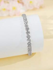 1pc Classic Tennis Style Copper Bracelet, Inlaid With Sparkling Cubic Zirconia, Suitable As Accessory, Jewelry Or Gift For Any Occasion, Unisex 6-7.5 Inches - Heart-shaped - View 4