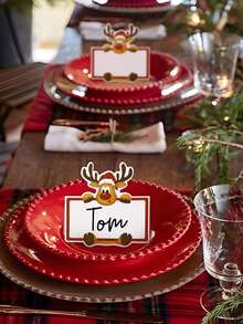 10/20/50 Stücke Weihnachts-Elch Platzkarten mit Namensanpassung - Niedlicher Rentier mit Weihnachtsmann-Mütze & Namensschild Design, rote & weiße Party Tischdekoration für Weihnachten, Hochzeiten, Bridal-Shower - strapazierfähige Papier Platzkarten - Verschiedenfarbig - Übersicht 6