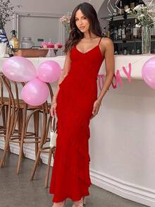 Women's Backless Bodycon Spaghetti Strap Elegant Ruffle Maxi Cocktail Party Dresses, 2025 QMO3 - 紅色 - 查看 9