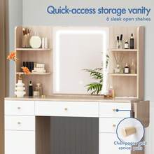 ALFORDSON Dressing Table With Mirror, LED Lights, Socket, Vanity Table With 5 Drawers, 2 Cabinets And 6 Shelves, Vanity Table For The Bedroom Dressing Room, White