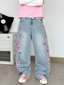 1pc Korean Casual Street Style Embroidered Washed Light Blue Loose Fit Wide Leg Jeans For Men, Versatile All-Season Couple Matching Pants (Excluding Belt/Accessories) - Blue - View 5