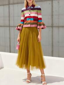 GLOURI Striped Winter Jacket For Women, Colorful, Ruffled Cropped Sleeves And Lapel Collar, Urban And Chic, Perfect For Work And Weekend Casual - Multicolor - View 2