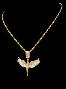 1pc Cubic Zirconia Angel Shaped Pendant & 1pc Stainless Steel Twisted Chain Necklace, Unisex Hip Hop Punk Pendant Necklace, Fashionable Vintage Jewelry, Suitable For Daily Wear Or Parties, Gift For Valentine - Yellow Gold - View 2
