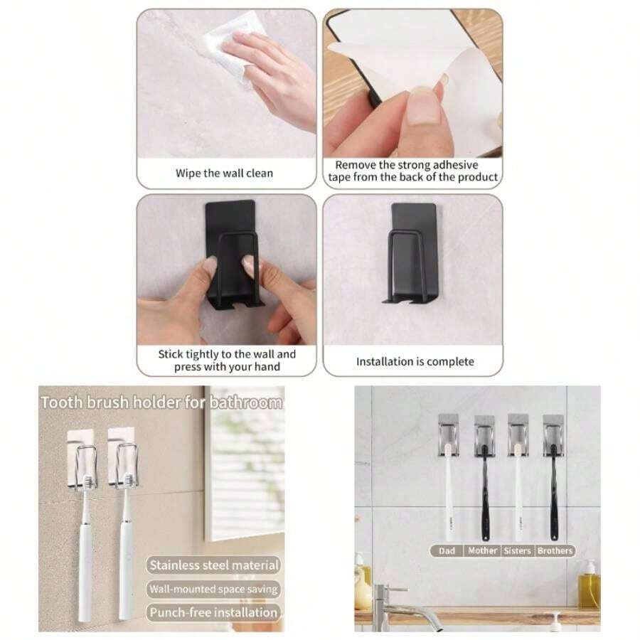 4 Pcs Adhesive Toothbrush Holders 304 Stainless Steel Toothbrush Holders Wall Mounted Toothbrush Holder Bathrooms Accessories 4, Silver - 銀 + 4 - 查看 1