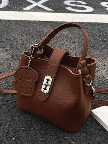 小众设计休闲百搭简约时尚PU纹理单肩斜跨包手提包水桶包托特包女士户外小手提包高品质复古斜跨包 - 咖啡 - 查看 2