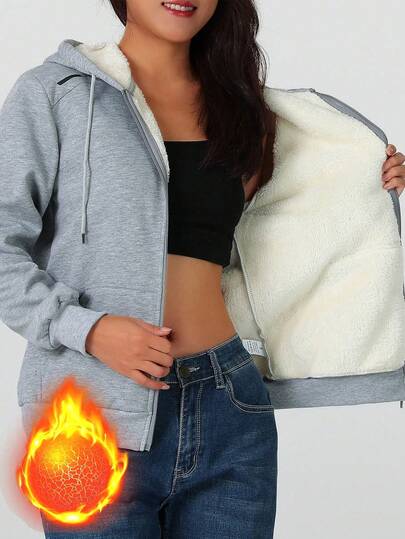 1pc Women's Thermal Lined Hoodie Jacket, Minimalist Solid Color, Regular Length, Casual Style Suitable For Everyday Wear, Autumn/Winter