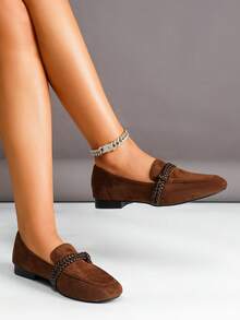 女士时尚编织带圆头低跟平底鞋 - 咖啡棕 - 查看 3