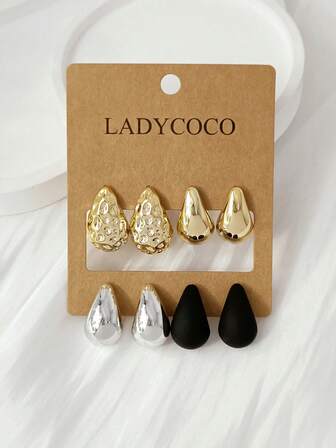 4 Pairs Fashionable & Cute Gold + Multi-Color Teardrop Earrings, Earring Set Suitable For Women's Daily Wear, Gift For Friends