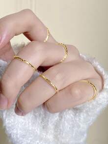 1 pieza Anillo abierto minimalista asimétrico con textura de plata de ley 925, joya ajustable como regalo para mujeres - Dorado - Ver 6