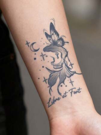 1pc Butterfly Fish Chasing Moon Line Temporary Tattoo, Unique Wave Line Design