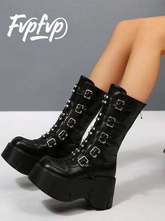FVPFVP Fall/Winter 2025 New Subculture Sweet & Spicy Metal Punk Style Thick Sole Motorcycle Knee-High Boots For Women