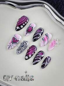 10 piezas de uñas postizas de almendra de larga duración con estampado a mano, estilo punk dulce en color morado-rojo, adecuado para mujeres y niñas, ideal como regalo con 1 almohadilla de gel y 1 lima de uñas