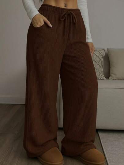 Calça Pantalona Feminina Tecido Texturado Cintura Alta Wide Leg Simples com Bolso e Cordão Para Casa e Diário