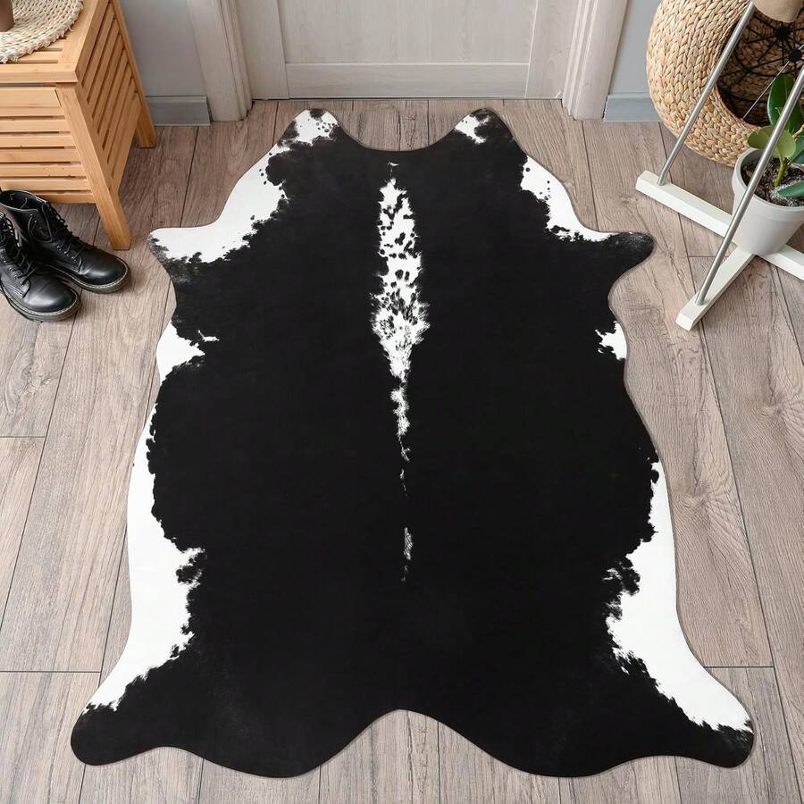 Faux Cowhide Rug, Cow Print, Rustic Western Rugs For Living Room Bedroom, Irregular Animal Skin Hides, 4.6 X 5.2ft, Anti-Skid Cool Carpets For Cowboy Cowgirl Home Decor, Khaki Brown - màu đen - Xem 1