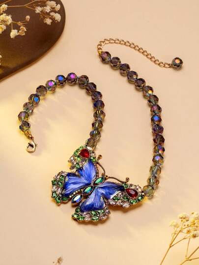 1pc Women's Necklace, Retro Colorful Crystal Beaded Blue Butterfly Gemstone Exaggerated Necklace, Suitable For Retro-Themed Formal Occasions, European And American Style Parties, Fashion Blogger Outfits