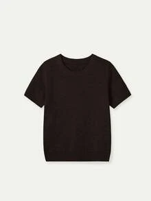 New Spring/Summer Women Knit Short Sleeve Top, Casual Minimalist Style Solid Deep Brown Round Neck Pullover, Suitable For Daily Wear And Commuting - Dark Brown - View 4