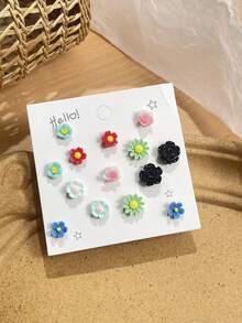 Set de 7/9/12 pares de pendientes de botón de resina con diseño de rosas y girasoles en 3D, adecuados para familia, amigos, uso diario y como regalo - Unitalla - Ver 11