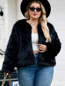 Plus Size Fashionable Faux Fur Vest, Everyday Wear, Autumn/Winter - Black - View 2