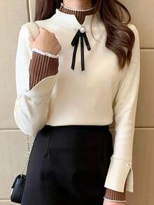 女士秋冬二合一高领针织毛衣，新款时尚长袖上衣