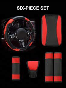 6 Pezzi Set Accessori Auto in Pelle PU, Coprivolante, Copri Console Centrale, Copri Freno a Mano, Copri Cintura di , Copri Bracciolo, Accessori Auto, Modanature Interni Automobile.