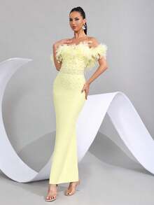 人造羽毛重点缀珍珠性感露肩露背紧身黑色绷带长裙，优雅女士婚礼宾客伴娘派对晚礼服 - 淡黃色 - 查看 5