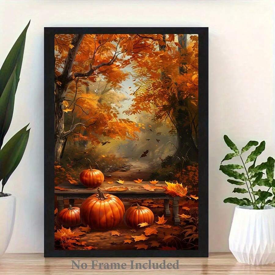 1pc Canvas Wall Art, Frameless Pumpkins And Autumn Leaves Print, Home And Office Decor For Living Room Bedroom Kitchen, High Quality Unframed Wall Hanging, 16x24inch - Multicolor - View 1