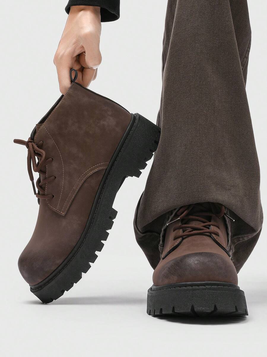 Fashionable High-Top Men's Boots, Thick Sole, Anti-Slip, Vintage Casual Style, Ankle Boots For Plus Size Men, Winter Outdoor