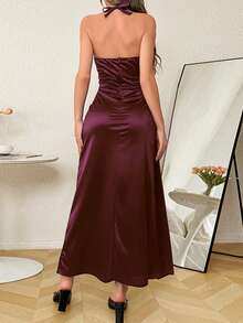 Onicee 女士优雅秋季连衣裙，时尚深 V 领缎面褶皱高开衩连衣裙 - 酒紅色 - 查看 2