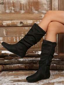 2026 Autumn & Winter Women Flat Round Toe Mid-Calf Boots, Anti-Slip, New Design Slim Slouch Boots With Side Zipper,Boots For Women,Fashionable Women's Long Boots, Knee-High Boots, A Must-Have For Winter,Boots For Women - 黑色 - 查看 1