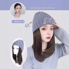 帽子假发一体女熊针织帽锁骨发秋冬韩版保暖百搭假发帽 - 彩色 - 查看 6