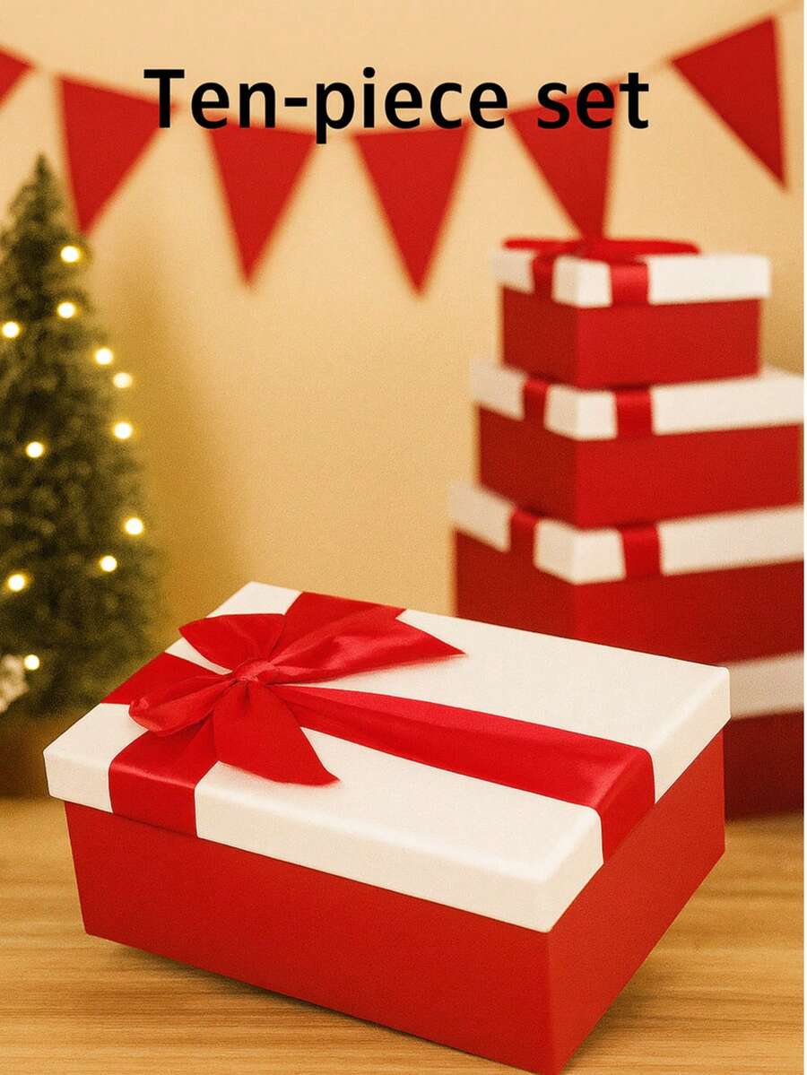 Rechteckige Geschenkbox-Set in Weihnachtsrot und Weiß, 10 Stücke mit Schleife für elegante Verpackung - Rot - Übersicht 1