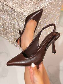 Wide Fit Women's Fashion Pointed Toe Slingback Hollow Out Shiny Coffee Brown Soft Material Backstrap High Heel Shoes, High Heel Sandals, High Heel Pumps,Burgundy Heels - Brown - View 1