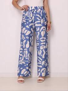 Women's Printed Wide Leg Pants Fashion High Waist Beach Pantaloons - 水鴨藍 - 查看 1
