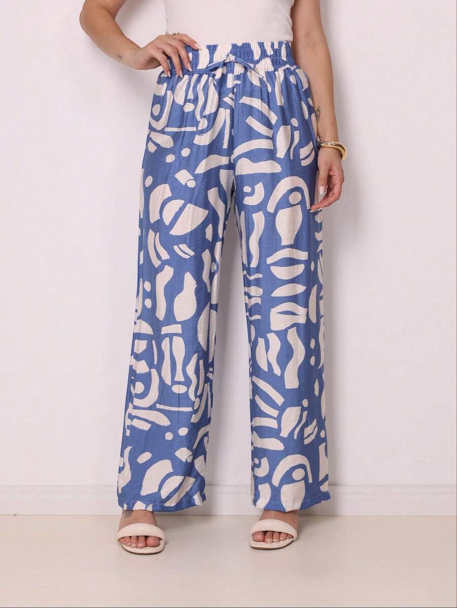 Women's Printed Wide Leg Pants Fashion High Waist Beach Pantaloons - 水鴨藍 - 查看 1