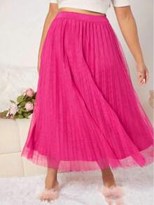 Chân váy xếp ly lưới màu trơn, eo chun, dáng suông thanh lịch, thích hợp cho nữ mùa thu và xuân. - Màu Hồng Tươi - Xem 5