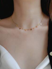 1 件不锈钢镀金水滴流苏项链，女士锆石超闪亮锁骨链