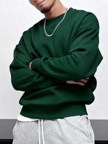 Men's Casual Sports Sweatshirt - Solid Color, Long Sleeve, Knit Fabric, H-Silhouette, Suitable For Hiking And Outdoor Activities, Polyester Material, Crew Neck, Autumn/Winter Sports Jacket Spring - Dark Green - View 3