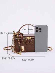 1pc High-End Coffee Crocodile Embossed Zipper Small Square Bag, Fashionable PU Quilted Diamond Stitching Box Bag, Versatile Zipper Small Square Bag, Women's Handbag With Chain Shoulder Strap - Coffee - View 3