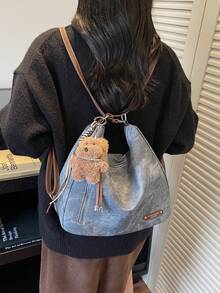 Merlard Retro 2025 磨砂质感大容量时尚百搭单肩包，高端沙滩包，托特包，购物包，大包，小众质感手提包，拉链双肩带斜挎包 - 藍色 - 查看 5