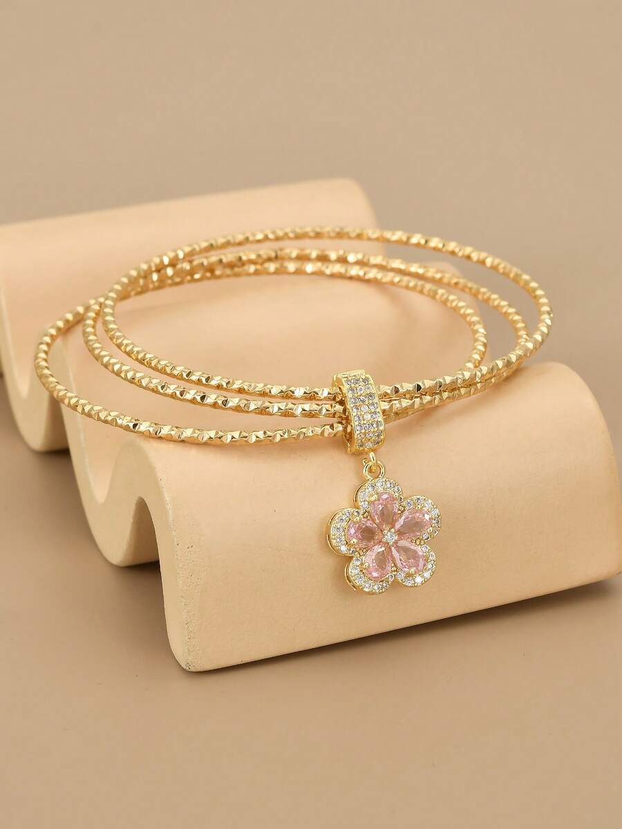 1 件可爱粉色方晶锆石 5 瓣花不锈钢手链，女士配饰，送给她、爱人、朋友、伴娘、派对的礼物（手链配件可拆卸和互换） - 粉色 - 查看 1