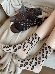 1/5 Pairs Women Leopard Print Mid-Calf Socks, Breathable, Warm, Long, Casual, Sports, Socks, Soft & Comfortable, Cute, Stylish, Suitable For Autumn/Winter Daily, Office, Home, Commute, Holiday Outfits - Multicolor - View 4