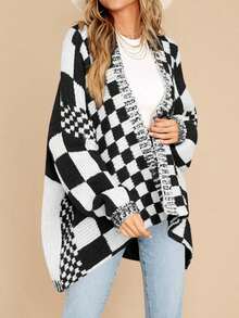 Womens Checkered Color Block Plaid Cardigan Oversized Knit Sweater Open Front Long Sleeve Coat - Đen và trắng - Xem 3