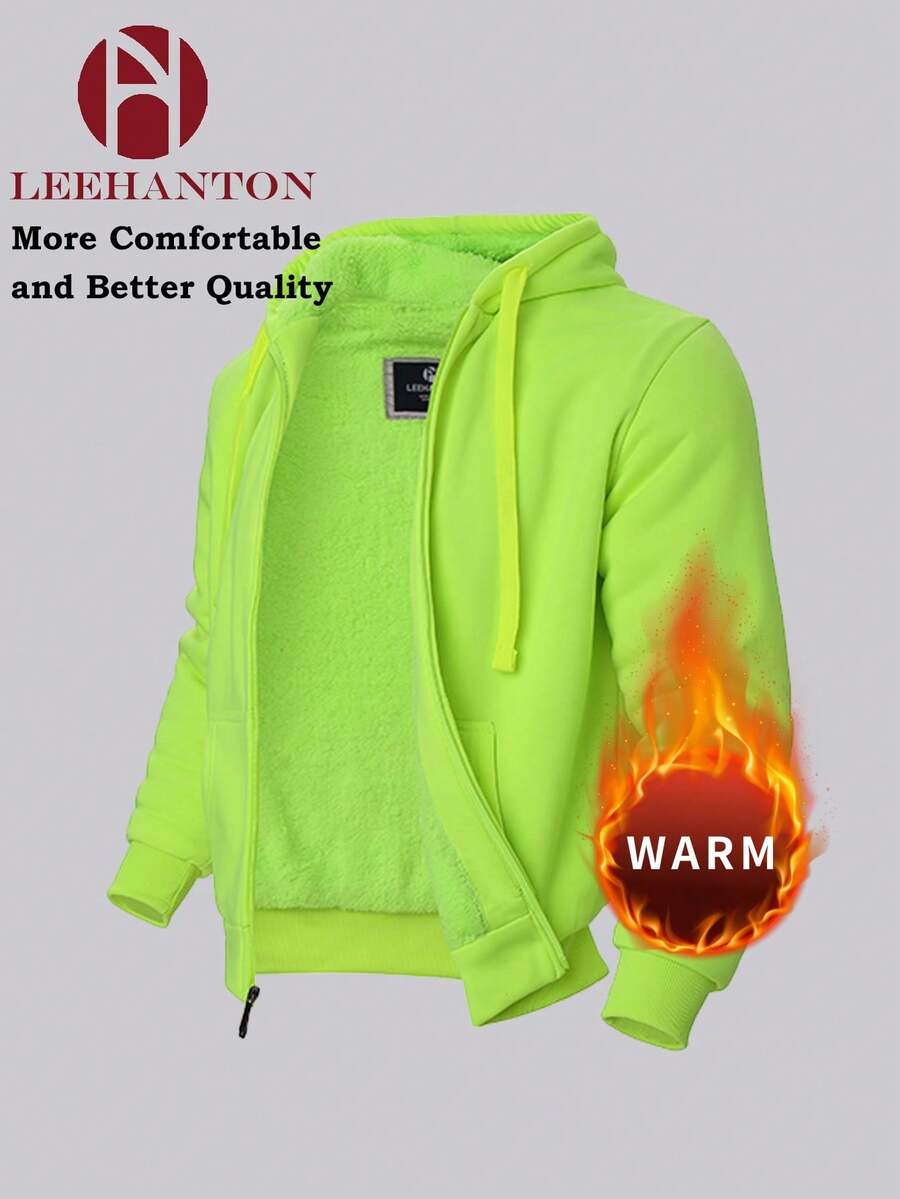 Men's Autumn And Winter Tops, Men's Fleece Jackets, Simple And Pure Color, Thickened Fleece, Warm In Winter, Windproof When Going Out - 螢光黃 - 查看 1